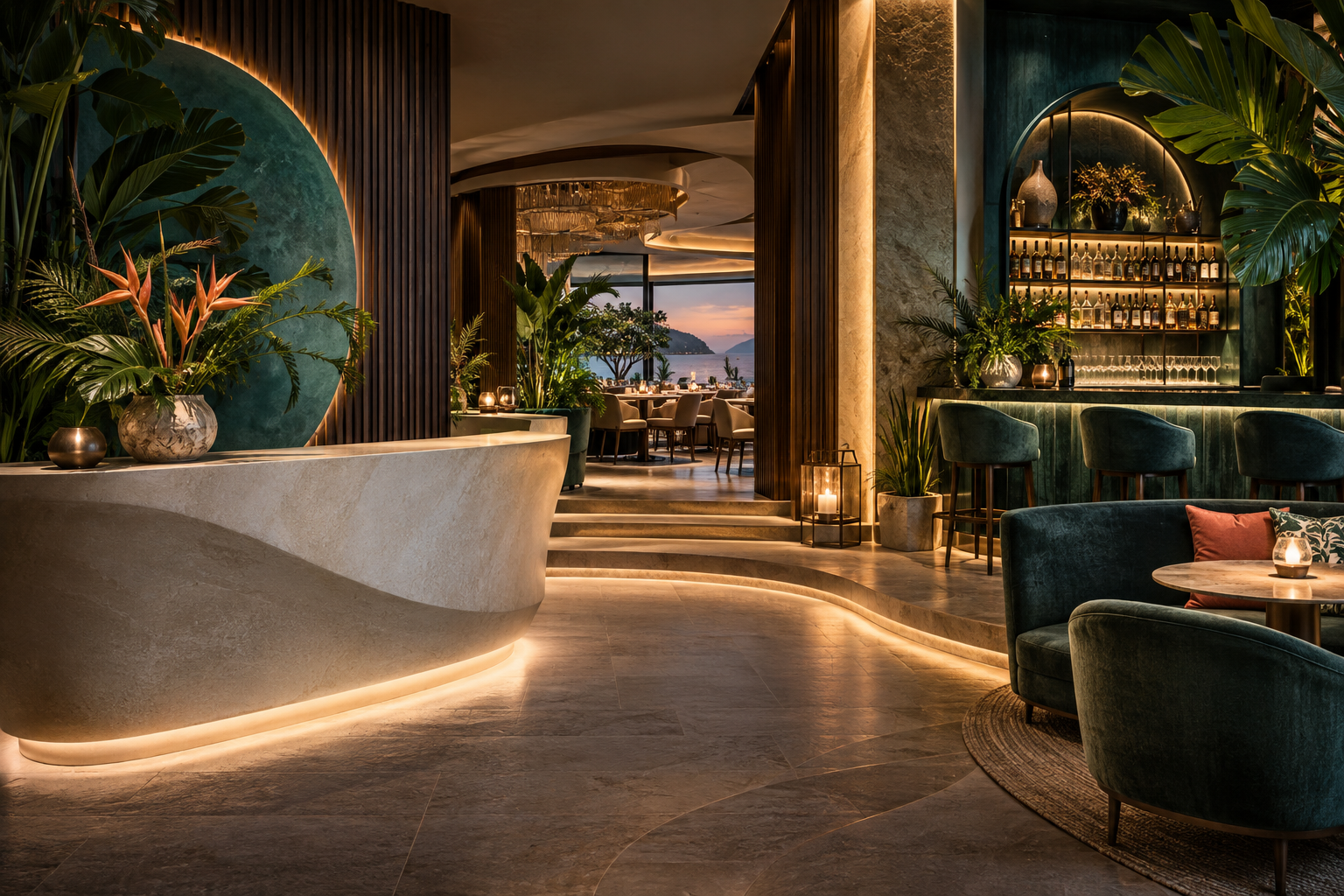 Accueil élégant et futuriste d’un restaurant tropical